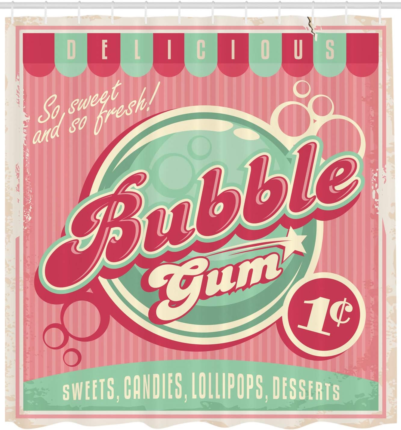 Ambesonne 1950s Shower Curtain, Bubble Gum Tasty Candy Lollipop Sugar Advertise Poster Style, Cloth Fabric Bathroom Decor Set with Hooks, 69" W x 75" L, Pink Magenta