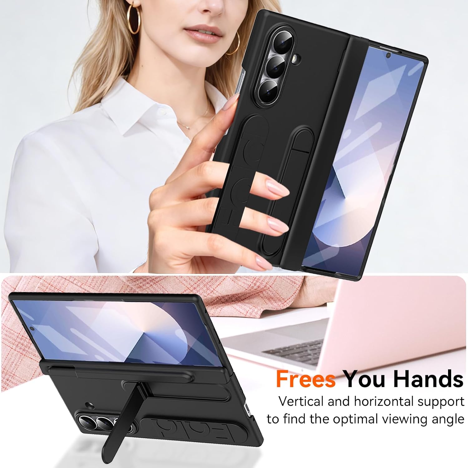 Finger Strap for Samsung Galaxy Z Fold 6 Case with S Pen Holder & Stylus, [Two Hinge Cover] Built inScreen Protector Kickstand Wristband Full Coverage Slim Protective Case for Z Fold 6 Black