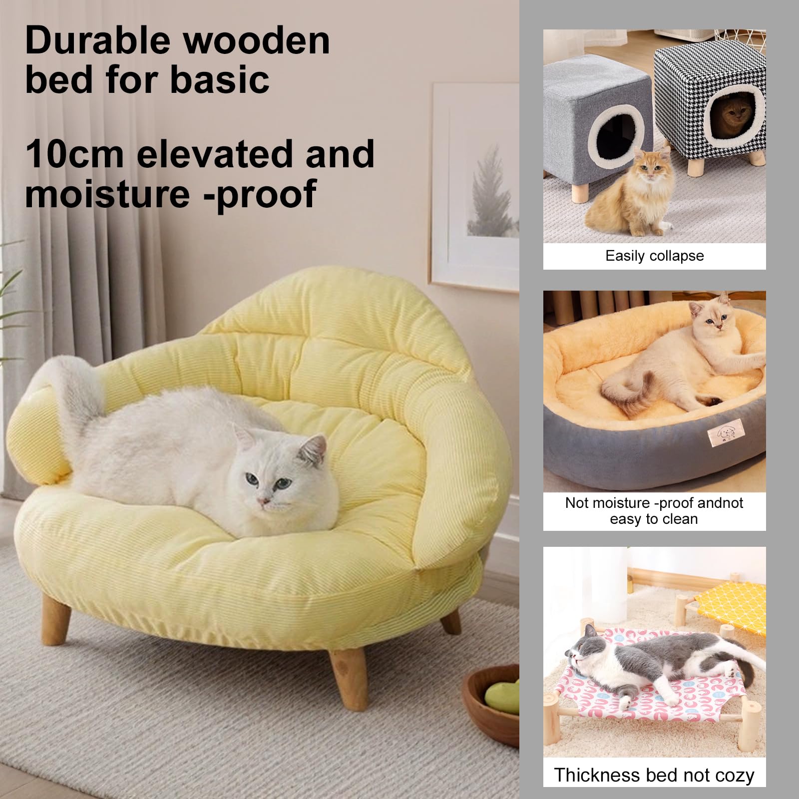 سرير اريكة للقطط والكلاب والقطط، سرير اريكة للقطط والحيوانات الاليفة في الاماكن المغلقة، سرير خشبي مرتفع للقطط مع غطاء مرتبة قابل للازالة، عبوة ثلج مجانية، للاستخدام في الصيف (اصفر ليموني)