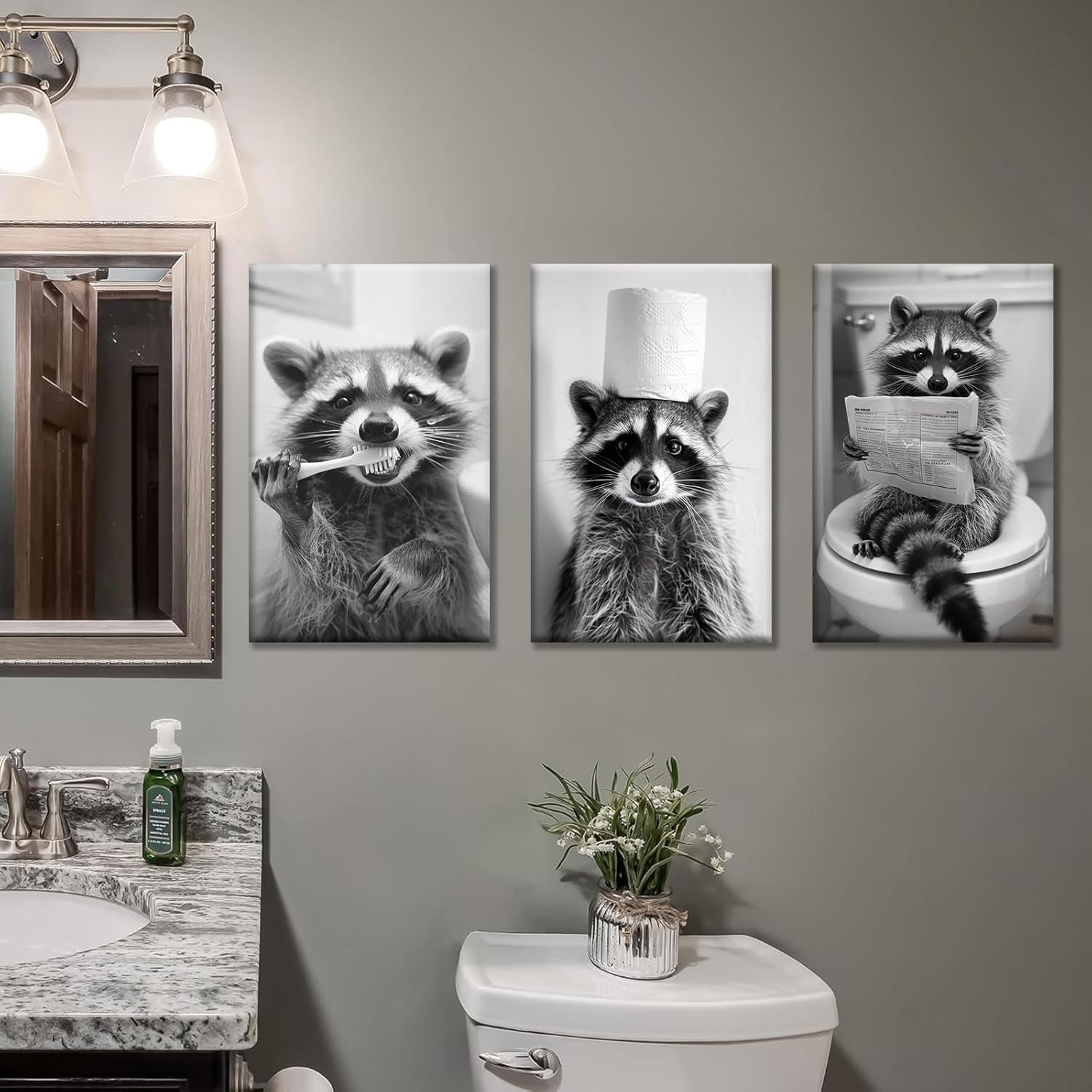 3Pcs Adorable Raccoon Bathroom Wall Art Black and White Animal Posters Prints Funny Raccoon on Toilet Reading Newspaper Canvas Painting Humor Animal Brushing Wall Decor for Toilet Pictures Framed