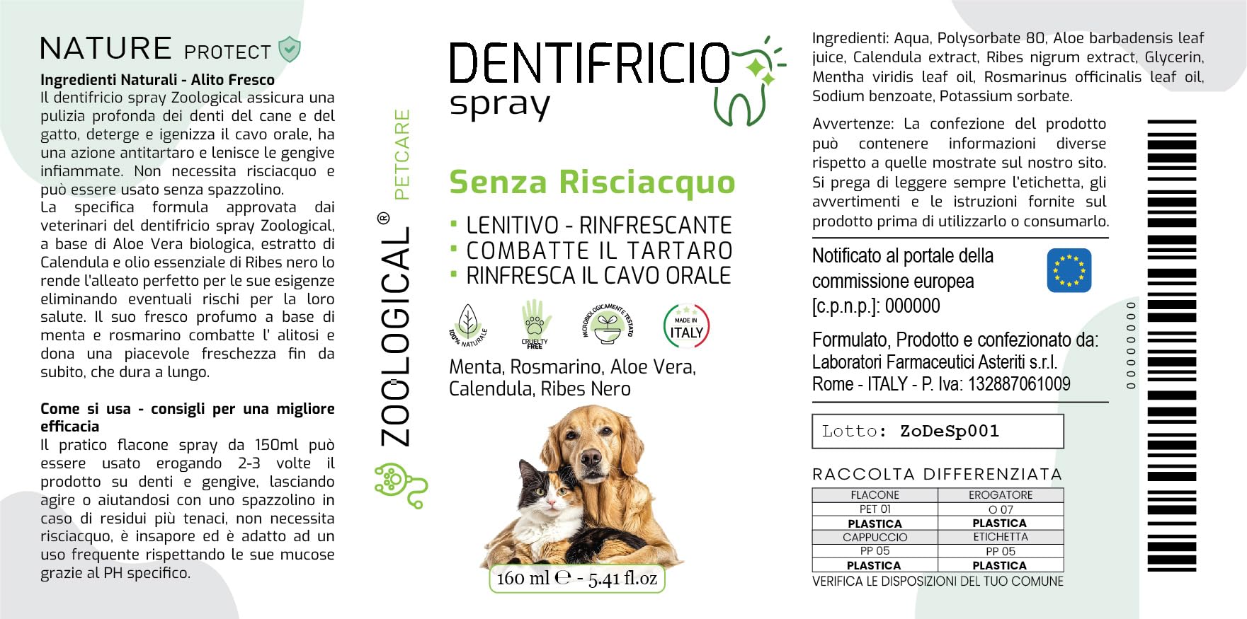 Dentifricio Spray per Cani e Gatti 160ml - Pulizia Denti Gengive Tartaro - Rinfresca Alito Menta Rosmarino