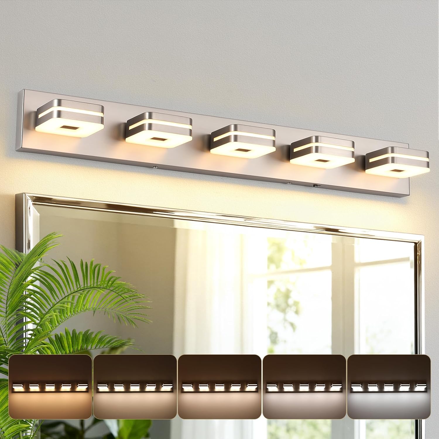 Modern Bathroom Vanity Light Fixture, 5CCT Dimmable LED Wall Sconce, 34" Brushed Nickel Over Mirror Light, 5-Light Acrylic Vanity Lights for Bathroom, Indoor Restroom Lighting