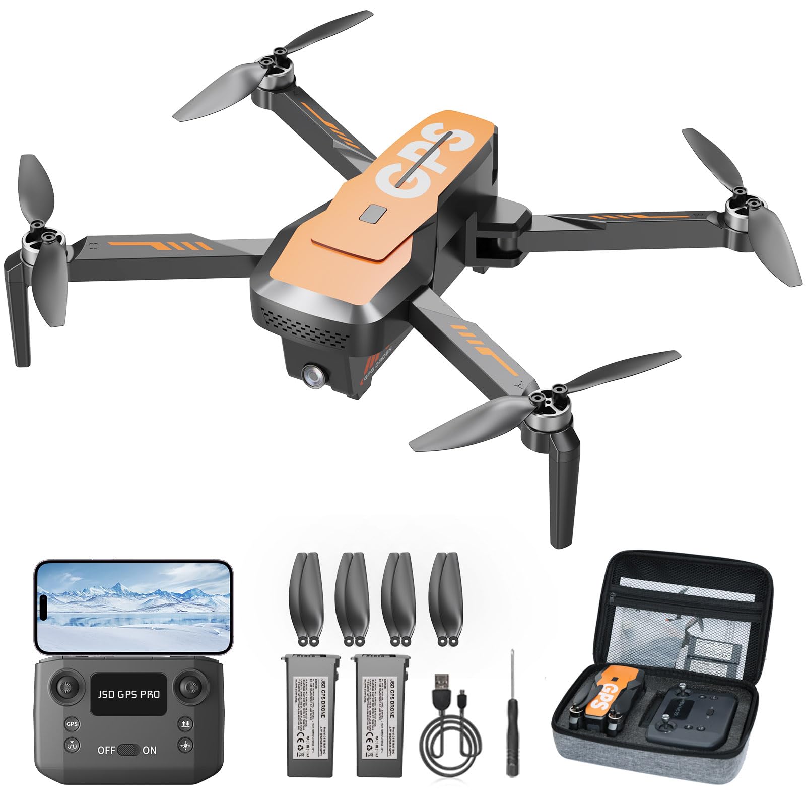 Drones with Camera for Adults 4K - GPS Drone with Auto Return, Brushless Motor, Foldable Mini RC Quadcopter for Kids Beginners with FPV Live Video, Follow Me, 2 Batteries Long Flight Time Under 249g Orange