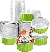 Vista 16 de 100 piezas de tazas de aluminio con tapas, 5 onzas de tazas desechables de ramekin para hornear, forros para magdalenas, mini moldes para tartas