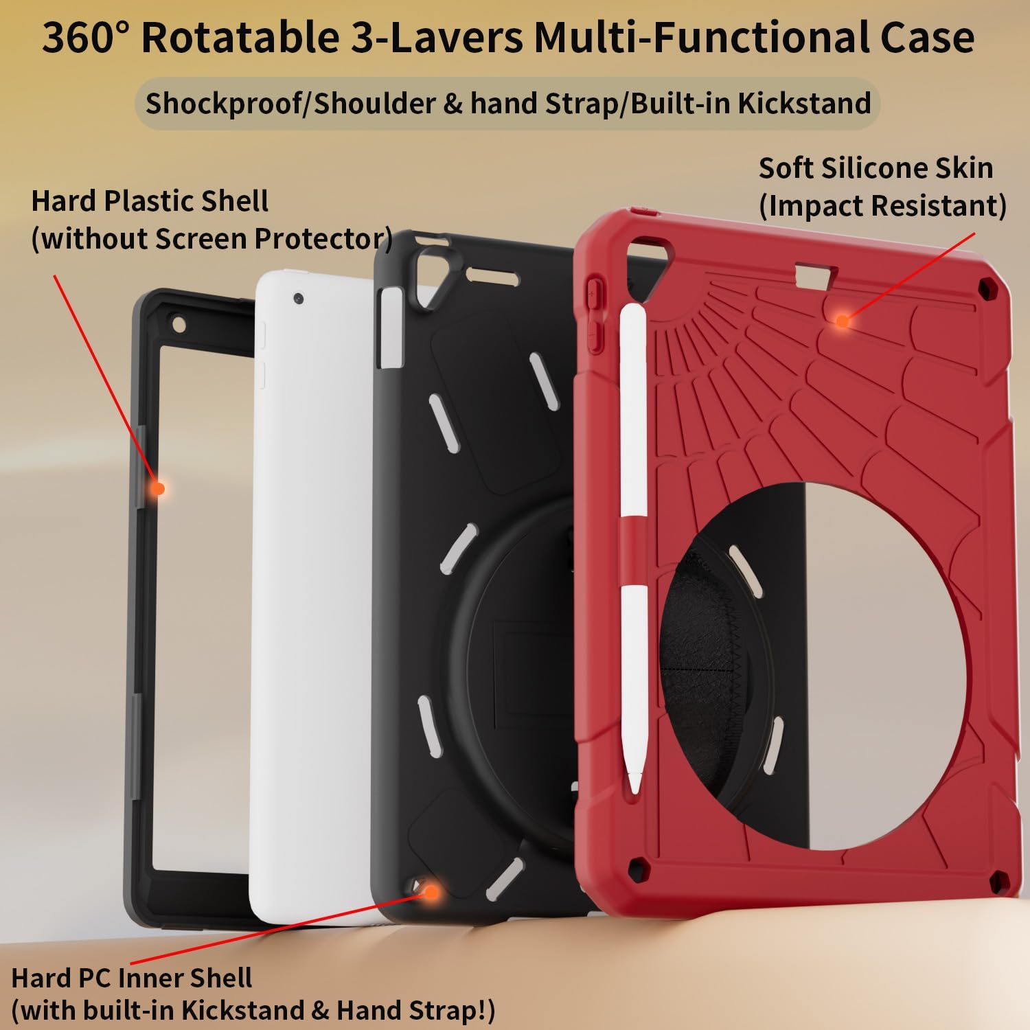 Case for iPad 6th / 5th Generation Case/Air 2 / Pro 9.7 inch, Heavy Duty Protective, with Pencil Holder, Hand Strap, Shoulder Strap, 360 Rotate Stand (Red+Black)