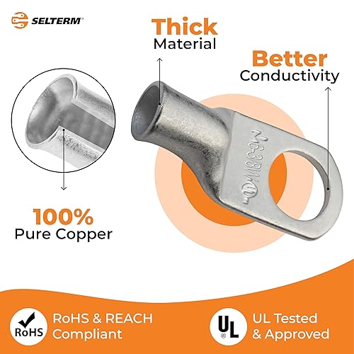Miniatura 346 de SELTERM - Terminal en anillo de grado marino UL 2/0 AWG 3/8 pulgadas (25 uds) para batería, terminal tubular de cable eléctrico, conector calibre