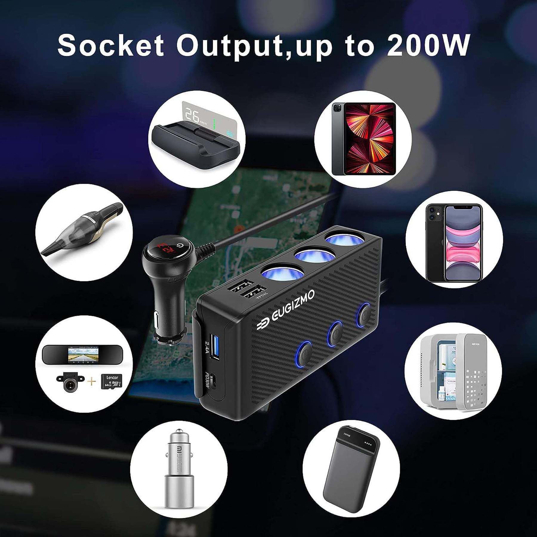 Zigarettenanzünder Adapter [2021 Upgraded] USB C Ladegerät 20W und Quick Charge 3.0 Auto Zigarettenanzünder Splitter 200W High Power 12V24V Auto Splitter mit 3 Steckdosen Auto Zigarettenanzünder