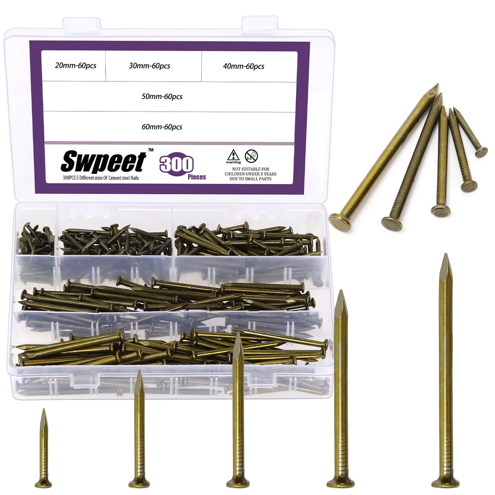 Swpeet 300Pcs 5 Sizes 3/4" 1-1/4" 1-3/5" 2" 2-3/8" Bronze Hardware Nails Assortment Kit, Steel Nail, Galvanized Nails, Small Nails, Finishing Nails, Wall Nails, Wood Nails, Nails for Concrete Brick