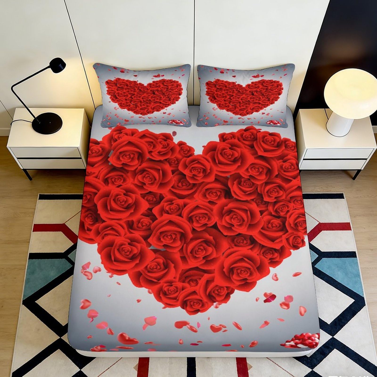 Pnayamiorkfel Style-2 3D Printed Red Rose Heart Fitted Sheet Microfiber Bed Cover For Bedroom Guest Room Anti-Slip Machine Washable Decor 90X200x25cm