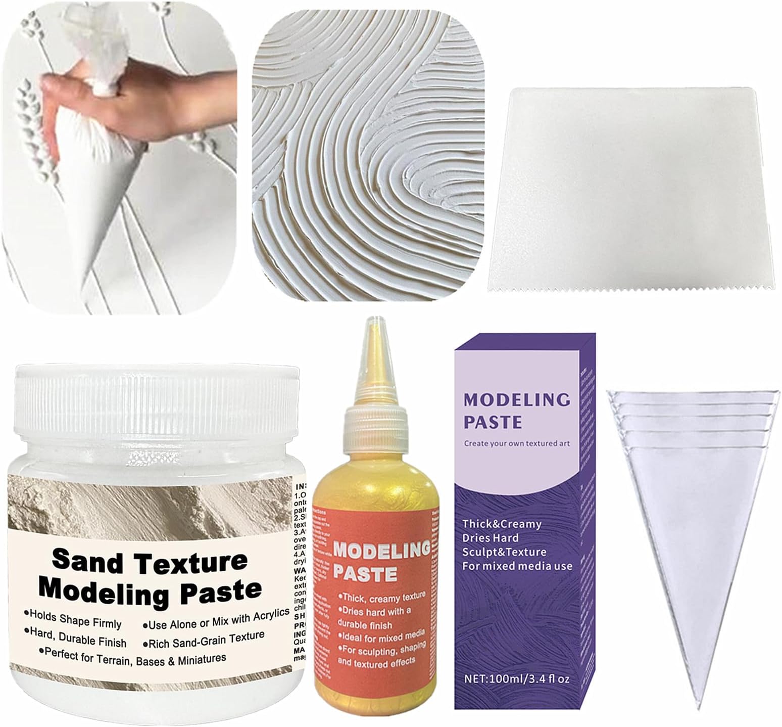 Sand Modeling Paste 3D Art Golden Texture Paste with Bags and Tool, Ideal for Wood/T-Shirts/Glass/Stone, Creating 3D Surfaces, Acrylic Texture Paste Art Sculpting & Line Drawing Gel Modeling Cream