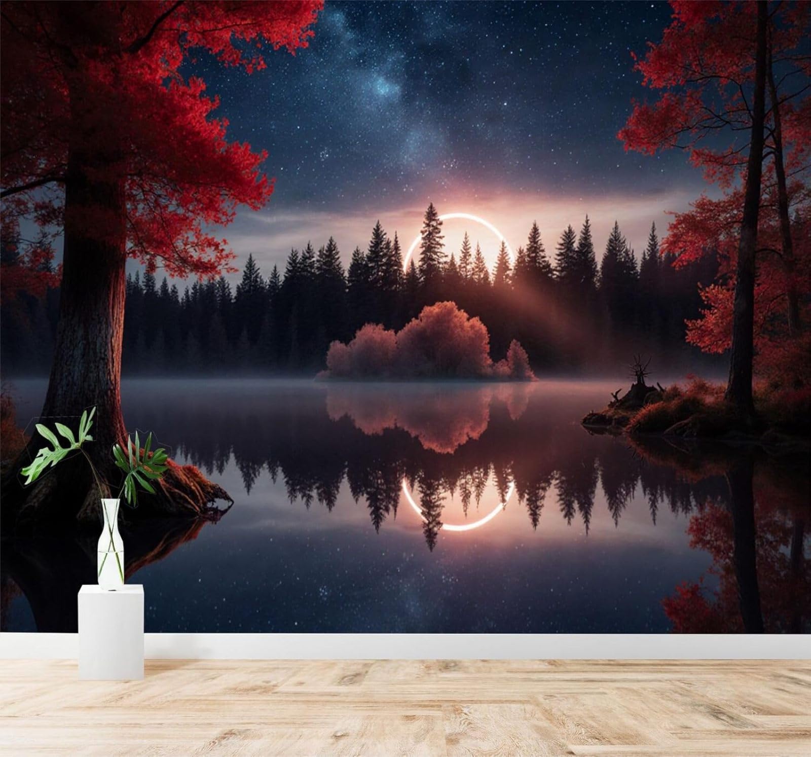 XLMING Twilight Forest Lake Reflection Mangroves Starry Sky 3D Wallpaper Silky Texture Home Study Office Grey Dining Room Sofa Bedroom Living Room TV Backdrop-400cm×280cm