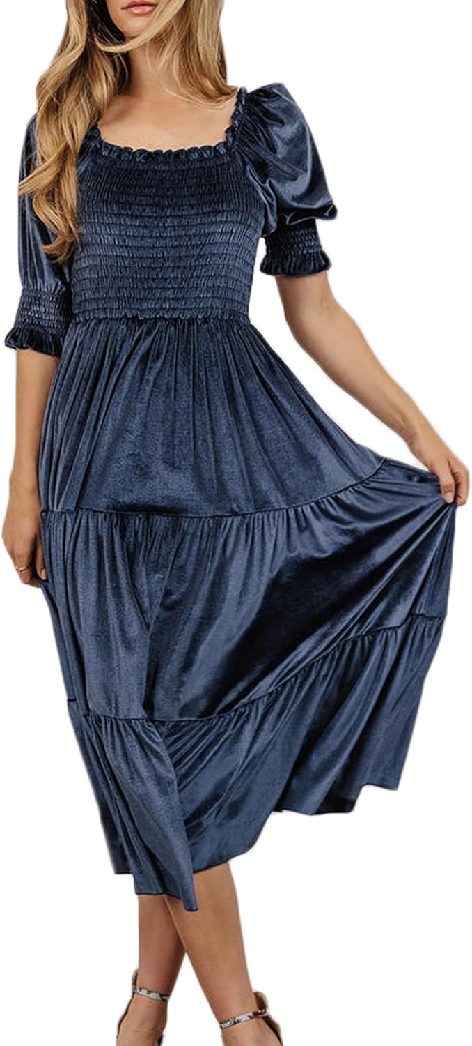 Smocked Velvet Midi Dress for Women 2022 Wedding Guest Vintage Elegant Square Neck Puff Sleeve A Line Maternity Long Dresses