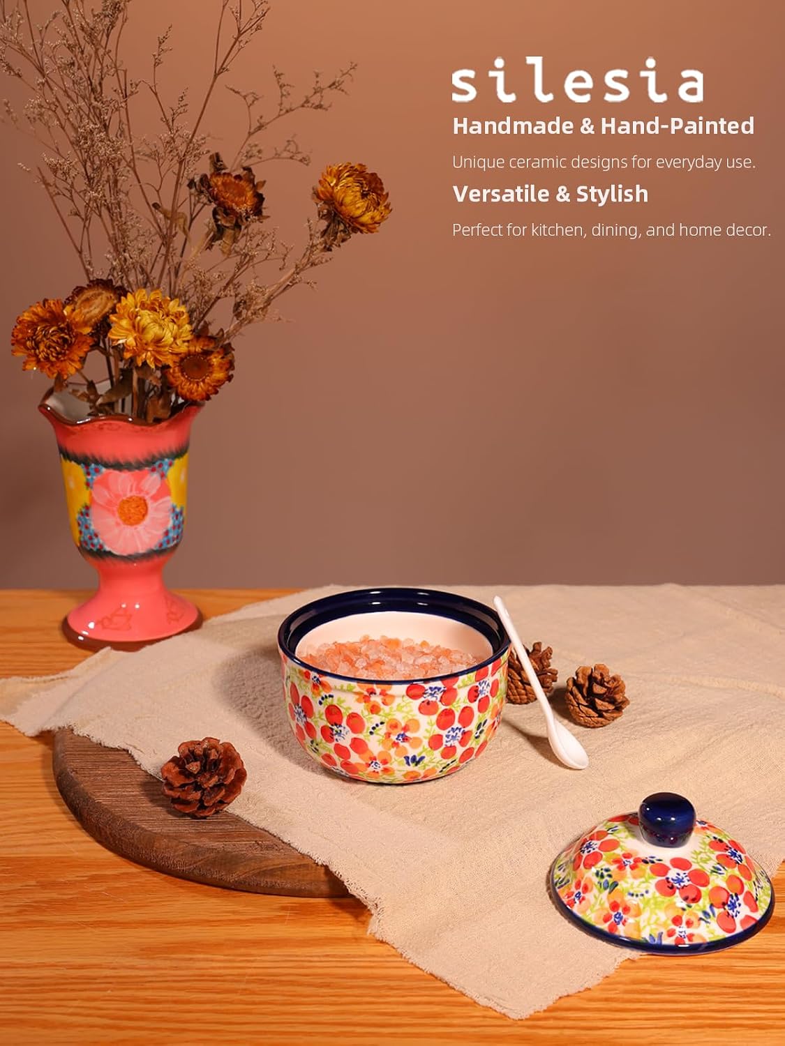 Handmade Ceramic Sugar Bowl,10 oz Sugar Jar with Lid & Spoon, Jungle Floral