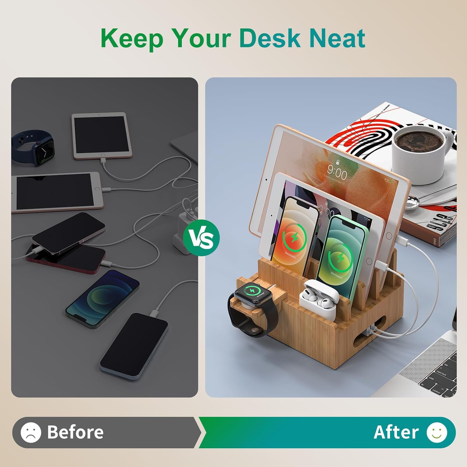 Pezin & Hulin Bamboo Charging Station for Multiple Devices with 5 Port USB Charger, 5 Cables, Smart Watch & Earbuds Stand, Desk Docking Stations Electronic Organizer for Cell Phone, Tablet