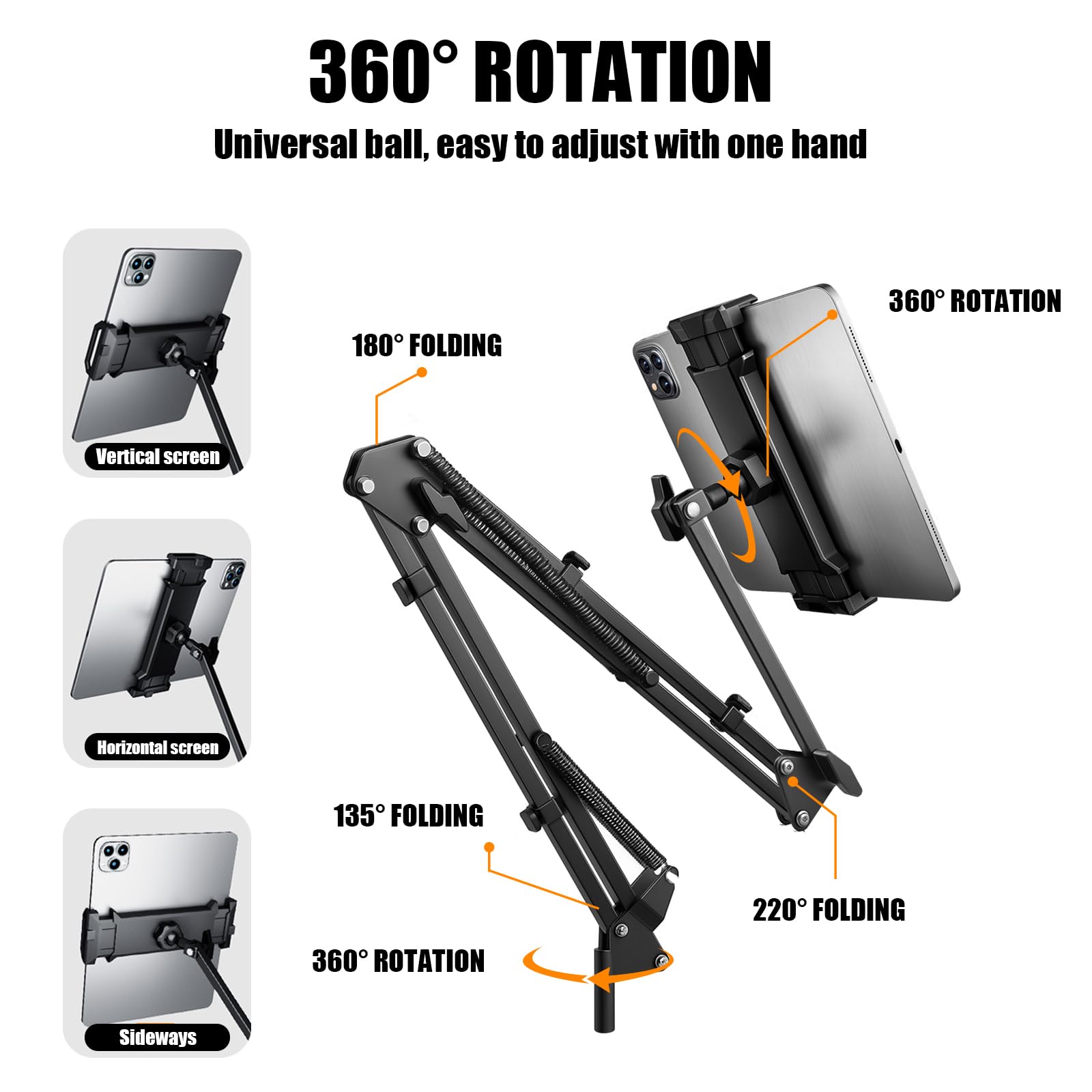 Support pour Tablette, Support de Tablette Réglable Universel Rotatif à 360 Degrés en Métal, pour iPad/iPhoneX/iPad Pro ou Autres appareils de 5,5 à 12,9 Pouces