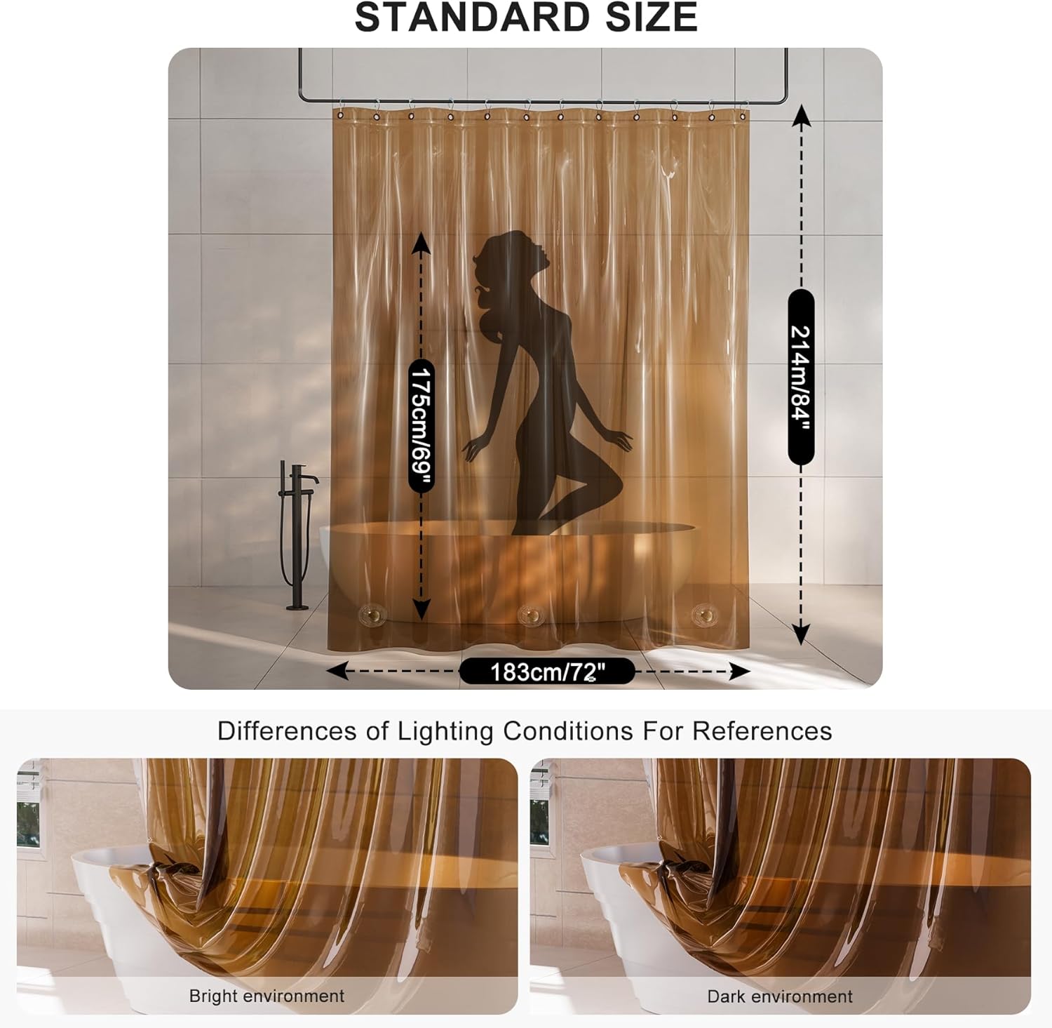 AmazerBath Extra Long Shower Curtain Liner, 100% EVA Clear Amber Heavy Duty 84 inch Shower Curtain and Liner 2-in-1, 72x84 Plastic Weighted Bathroom Shower Liner, 12 Grommets & 3 Heavyweight Stones