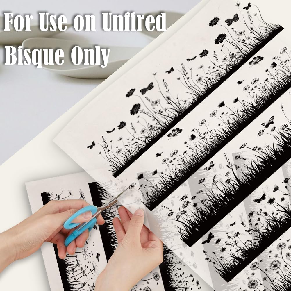 SUPERDANT 4PCS Flowers Underglaze Paper Transfer Meadow Grass Transfer Paper for Clay Ceramic Porcelain Under Glaze Transfers for Pottery Enamel Decals Black Underglaze Decal Papers Handcrafted Gifts