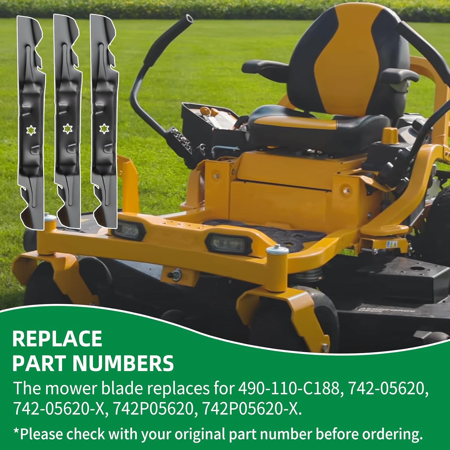 490-110-C188 Toothed Mulching Mower Blade Compatible with Cub Cad et 60" Cutting Deck, 742-05620 Heavt Duty Blade Compatibles with Cad ZT2-60, ZT3-60, ZTS2-60 Ultima Series Mowers, 3 Pack