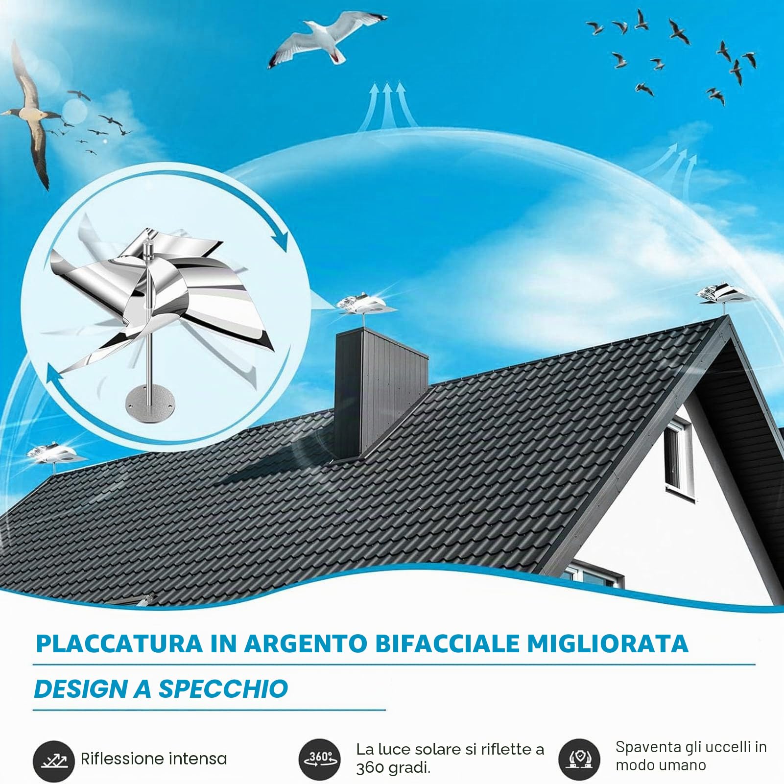Dispositivo anti-spavento riflettente alimentato dal wind Deterrente multifunzionale per uccelli rotanti in acciaio inossidabile per cortili di giardini all'aperto