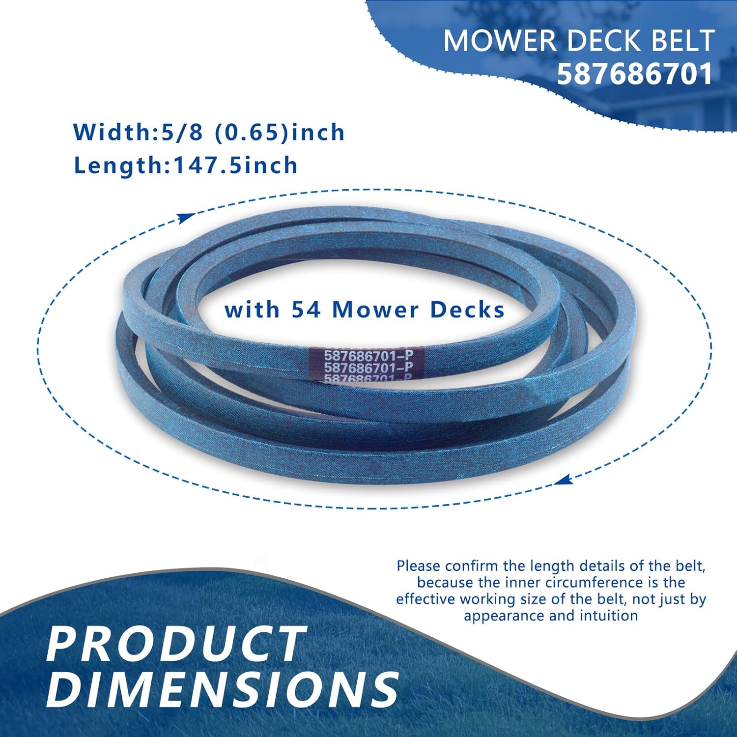 196103 Mower Deck Drive Belt 54" for Husqvarna Sears Craftsman Jonsered 587686701 53219610 532196103 33155 LGT2654 /Aramid Cord 147.5" X 5/8"
