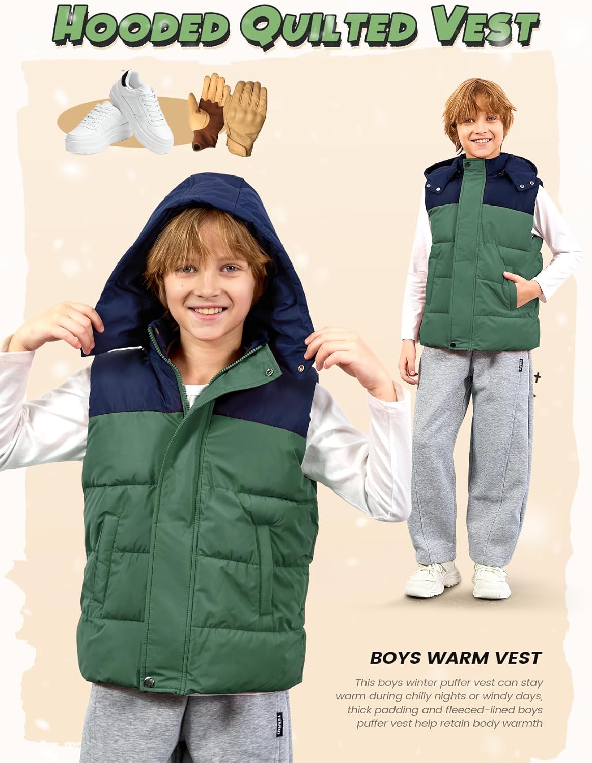 Wyeysyt Boys Warm Puffer Vest Fleece Lined Hooded Quilted Vest Kids Winter Waistcoat Outerwear - Image 5