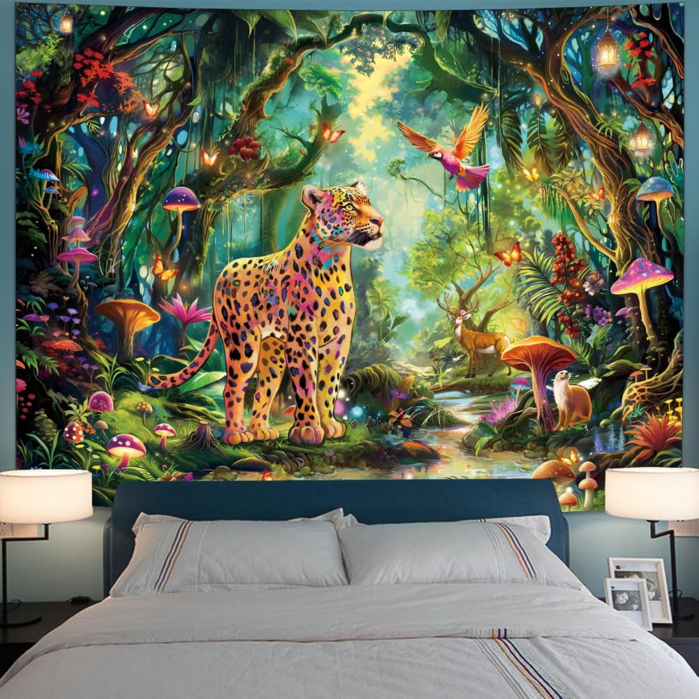Serborlur Fantasy Forest Blacklight Cheetah Jungle Nature Tree Rainforest Hippie Boho Mushroom Leopard Wall Tapestry for Bedroom Living Room (51.2 59.1 inches)