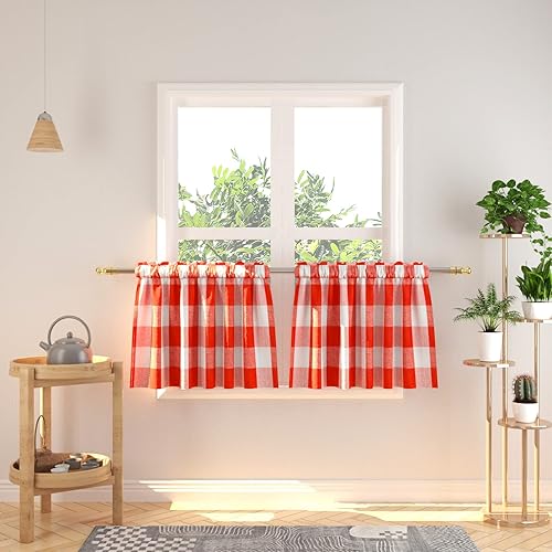 Miniatura 87 de Cortina ajustable con cenefa para ventana de cocina Buffalo Check, a cuadros, gingham, estilo granja, con bolsillo para barra, para baño, 42 x 45