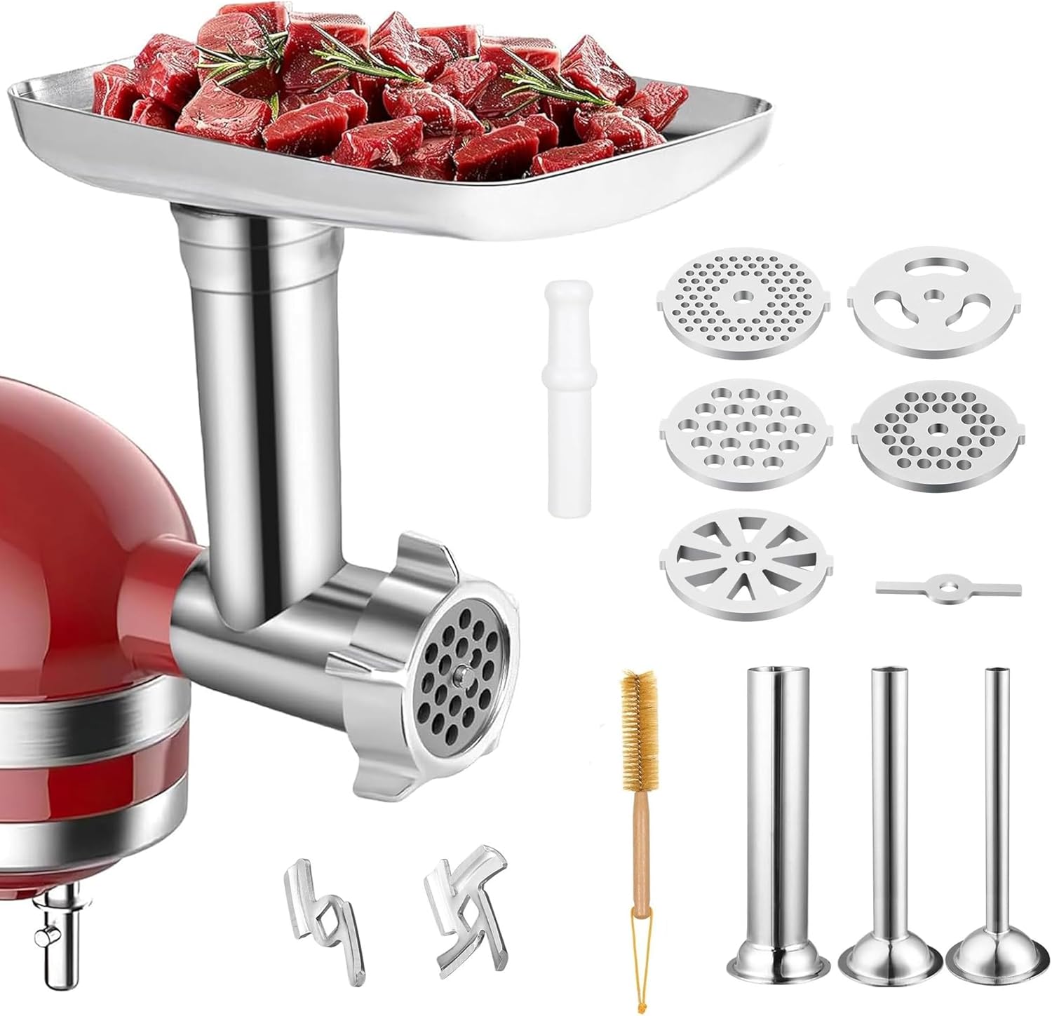 100% Stainless Steel Meat Grinder for KitchenAid Mixer, Dishwasher Safe with 3 Sausage Stuffers & 4 Grinding Plates, Anti-Corrosion Anti-Corrosion Polished Design（Not include the KitchenAid Mixer）