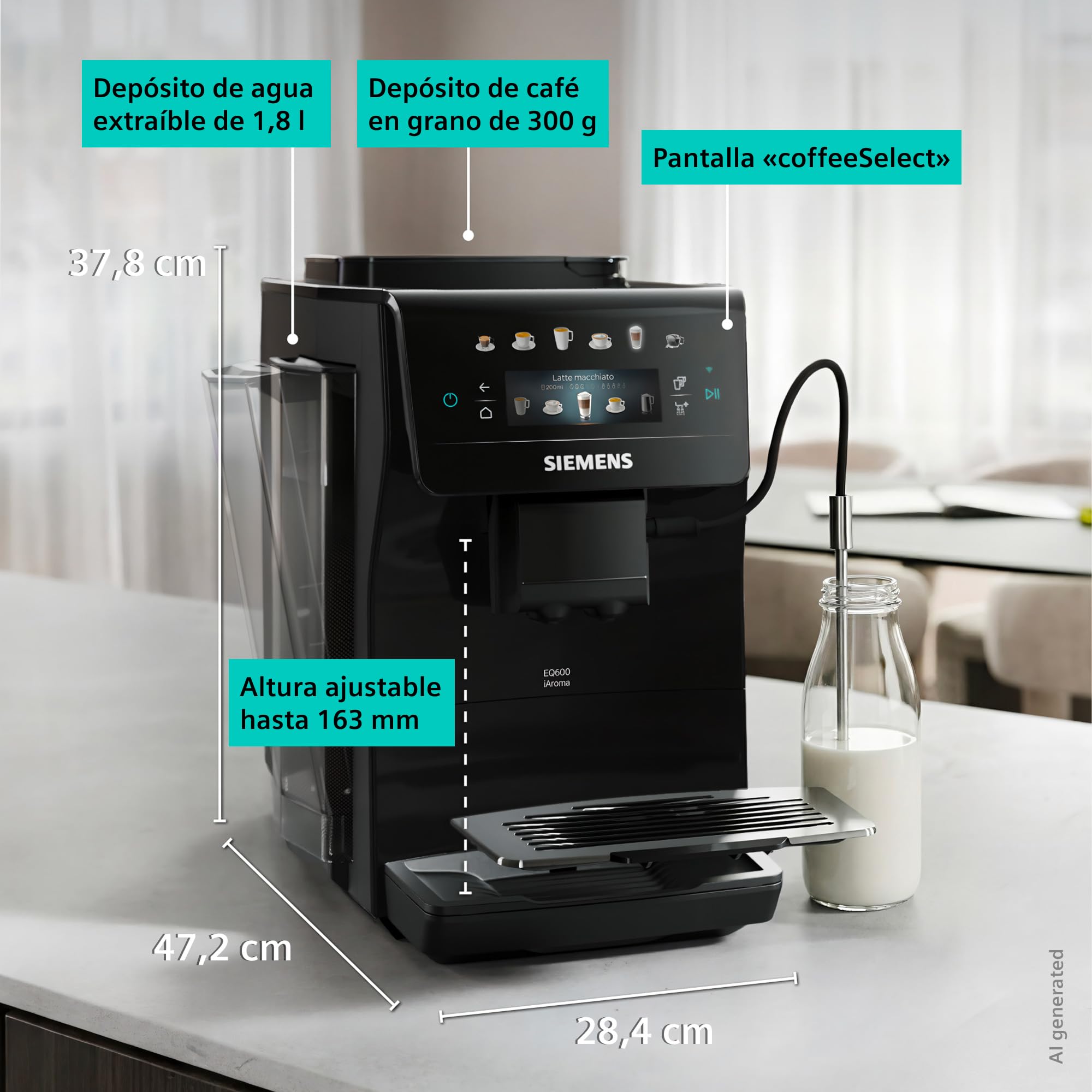 SIEMENS, Cafetera superautomática EQ600 iAroma Negro, TP601E09 | Facil de usar y limpiar, con molinillo y pantalla tactil. Prepara dos tazas a la vez