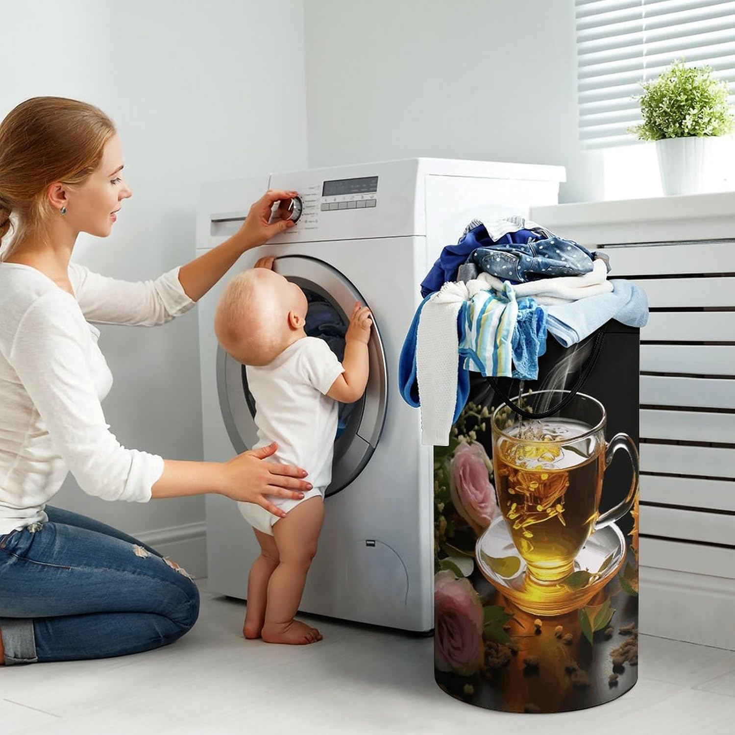 Cup of Tea Laundry Hamper with Handles Waterproof Collapsible Laundry Basket Large Lightweight Round Dirty Clothes Hamper for Home Dorm Bathroom Decor