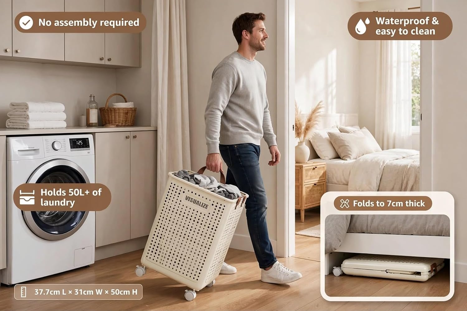 Slim Rolling Laundry Hamper with Wheels – Large Collapsible Clothes Basket with Leather-Style Handles, Space-Saving Laundry Organizer for Bedroom, Bathroom, Dorm & Small Spaces – Cream