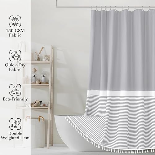 Miniatura 2 de Cortina de ducha gris Seasonwood Moderna de tela con borlas blancas, cortinas de ducha estilo casa de campo a rayas, impermeable, 72x72 pulgadas