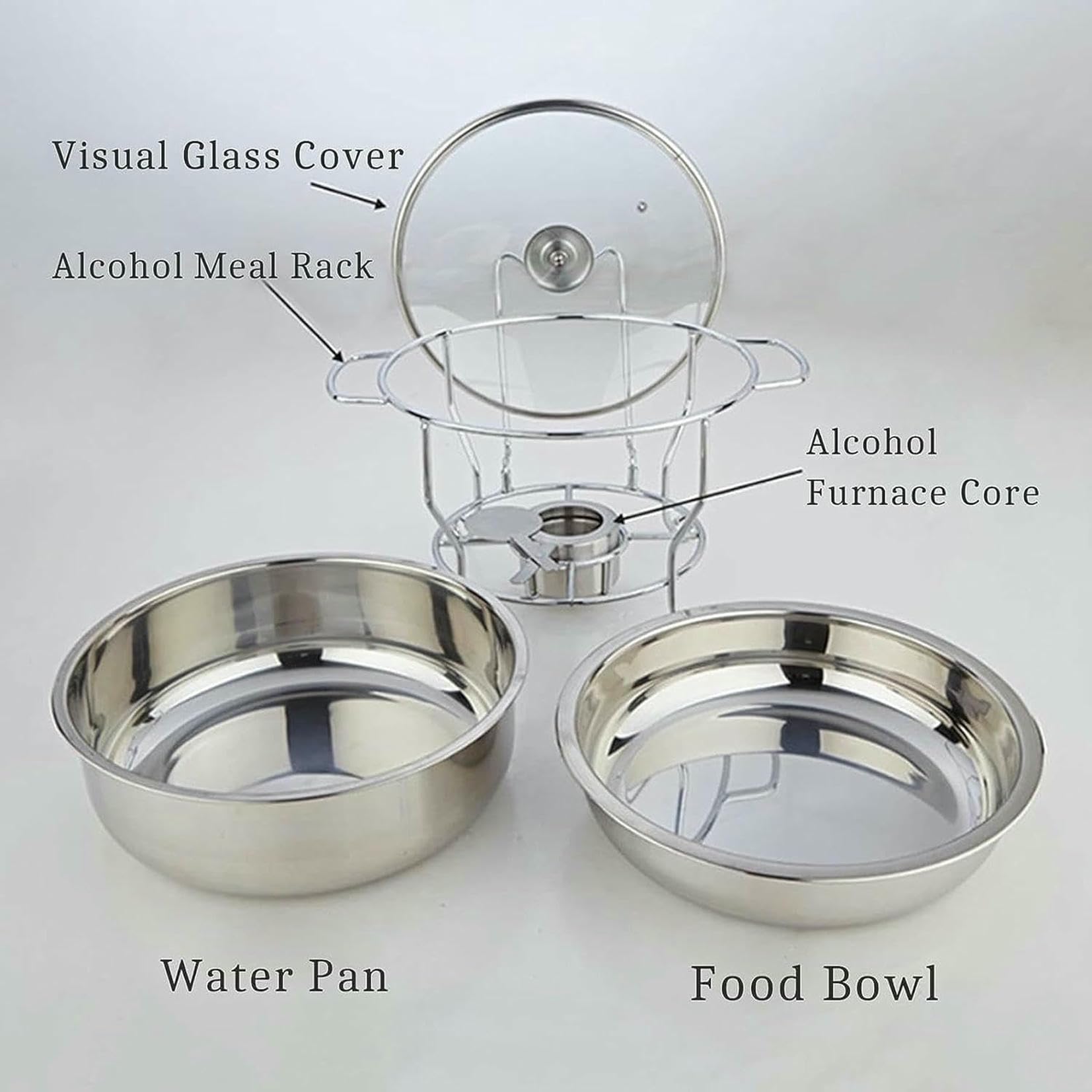 Set di piatti da buffet rotondi in acciaio inox con coperchio in vetro, da 3,5 l a 8 l, include piattaforma e scaldavivande per cene, ideale per feste e catering