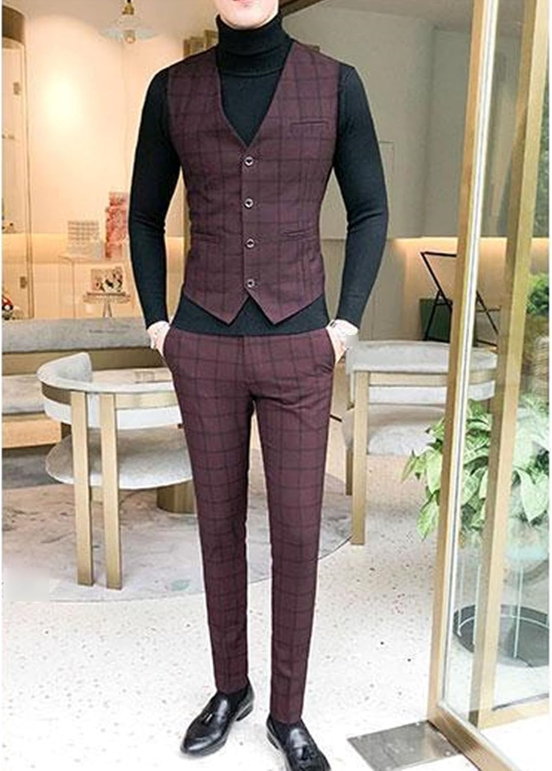 Men Slim Plaid Formal Wedding Dress Suit 3 Piece Checked Prom Tuxedo Suits Casual Business Party Blazer Vest Pants