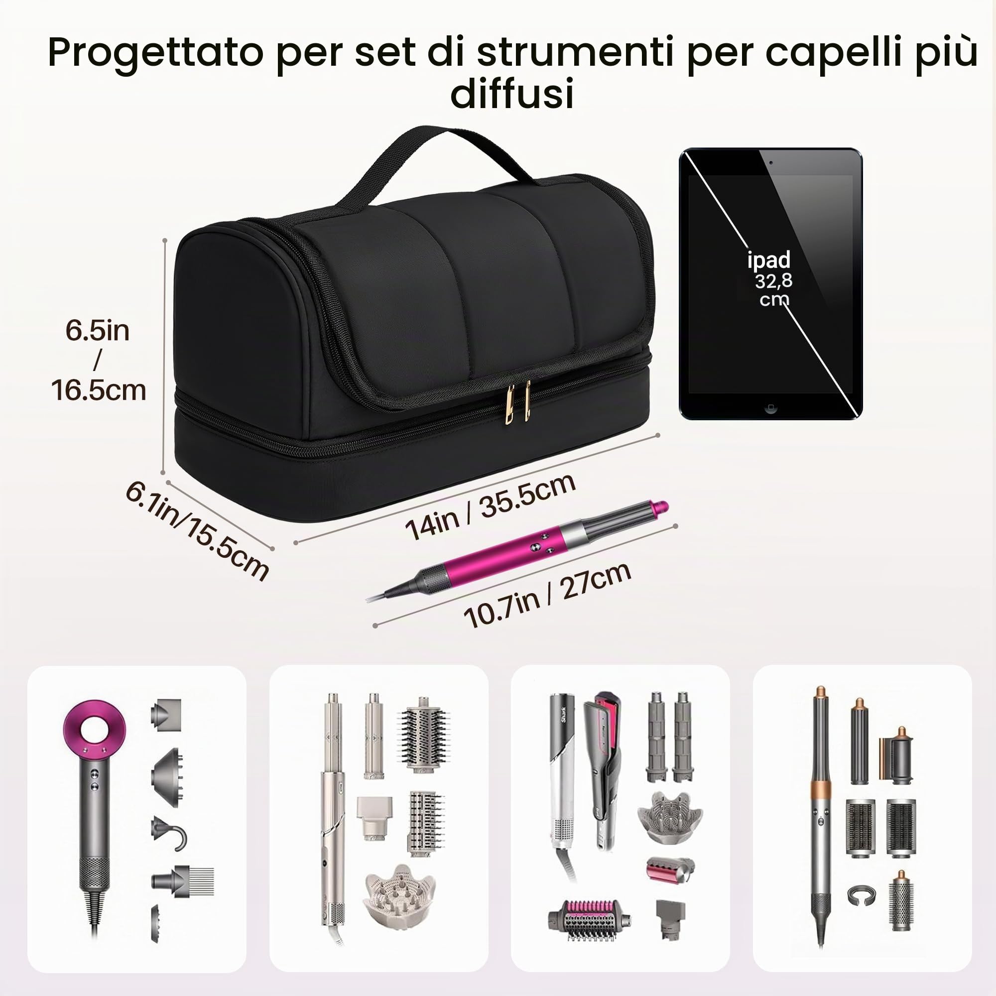Custodia da viaggio da appendere per asciugacapelli, compatibile con Dyson Airwrap e Shark FlexStyle, borsa organizer idrorepellente con divisorio, beauty case da viaggio