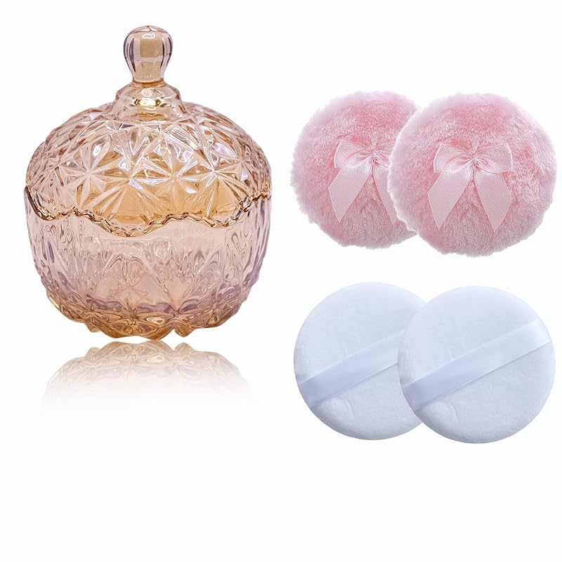 Qopoto Conjunto com 4 Puffs para Pó e Recipiente de Vidro, Âmbar, Crown