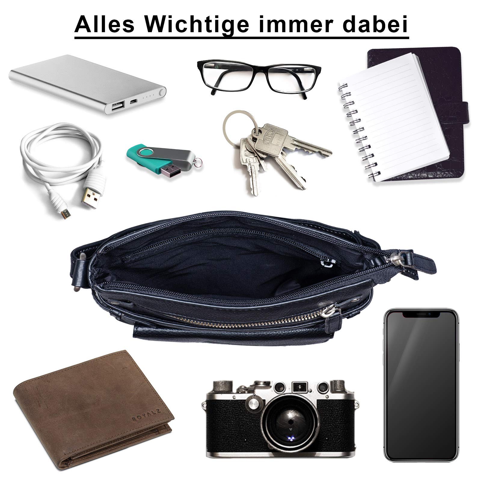 ROYALZ 'Madison' Vintage Handtasche Damen schwarz Umhängetasche klein kompakte Ledertasche