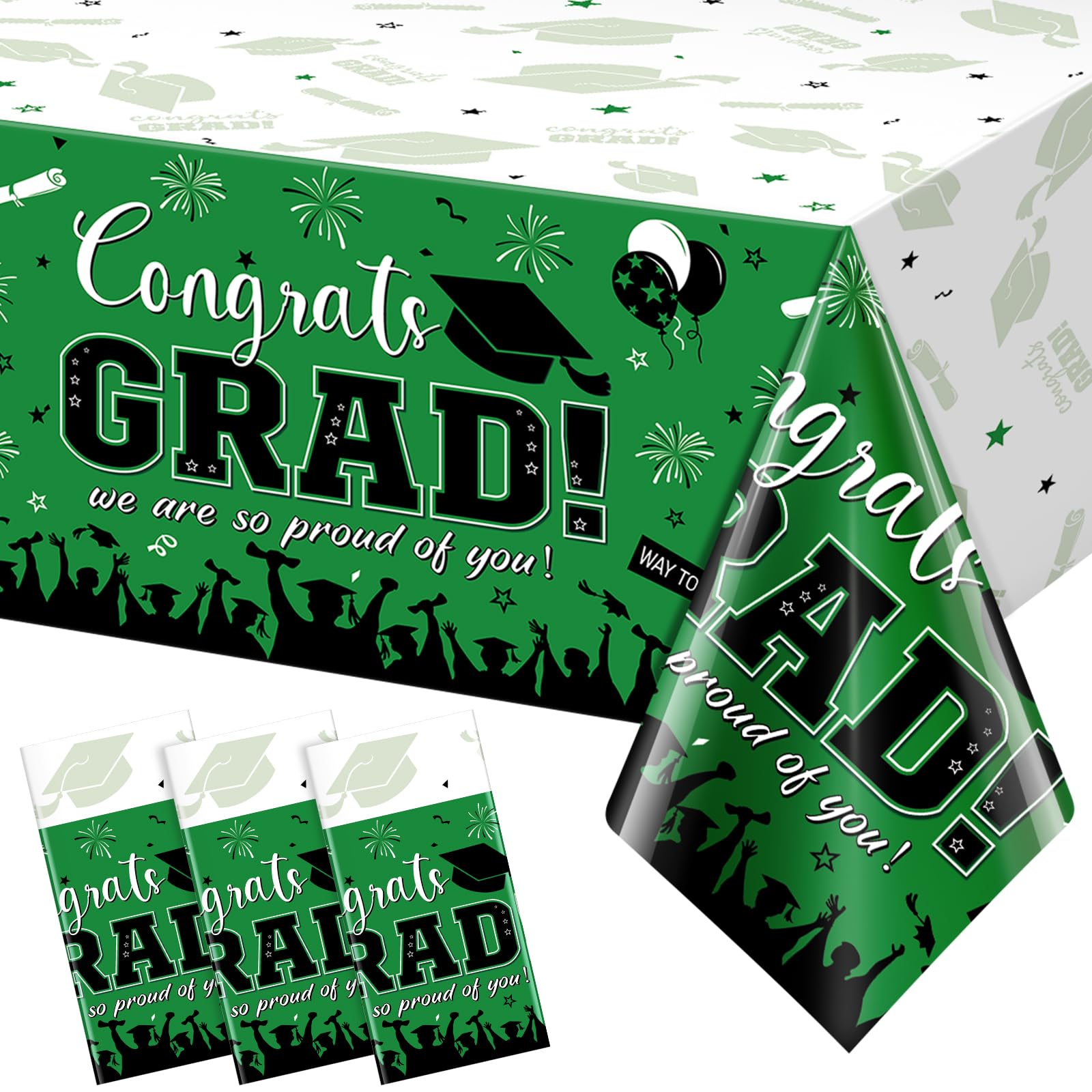 3 Pack Graduation Tablecloth Party Decorations, Class of 2026 Congrats Grad Plastic Tablecover Party Supplies, Green Rectangle Graduation Table
