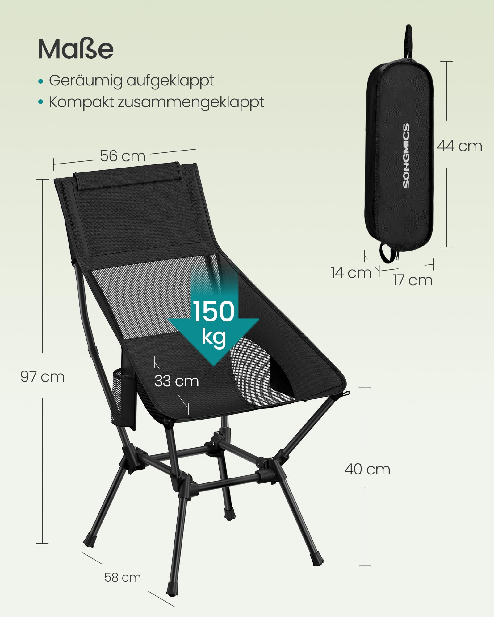 SONGMICS Campingstuhl, Strandstuhl hohe Rückenlehne, Gartenstuhl klappbar, höhenverstellbar, Stahlgestell, bis 150 kg belastbar, 2 Seitentaschen, Kopfstütze, Reisen, schwarz GCB051BZ01
