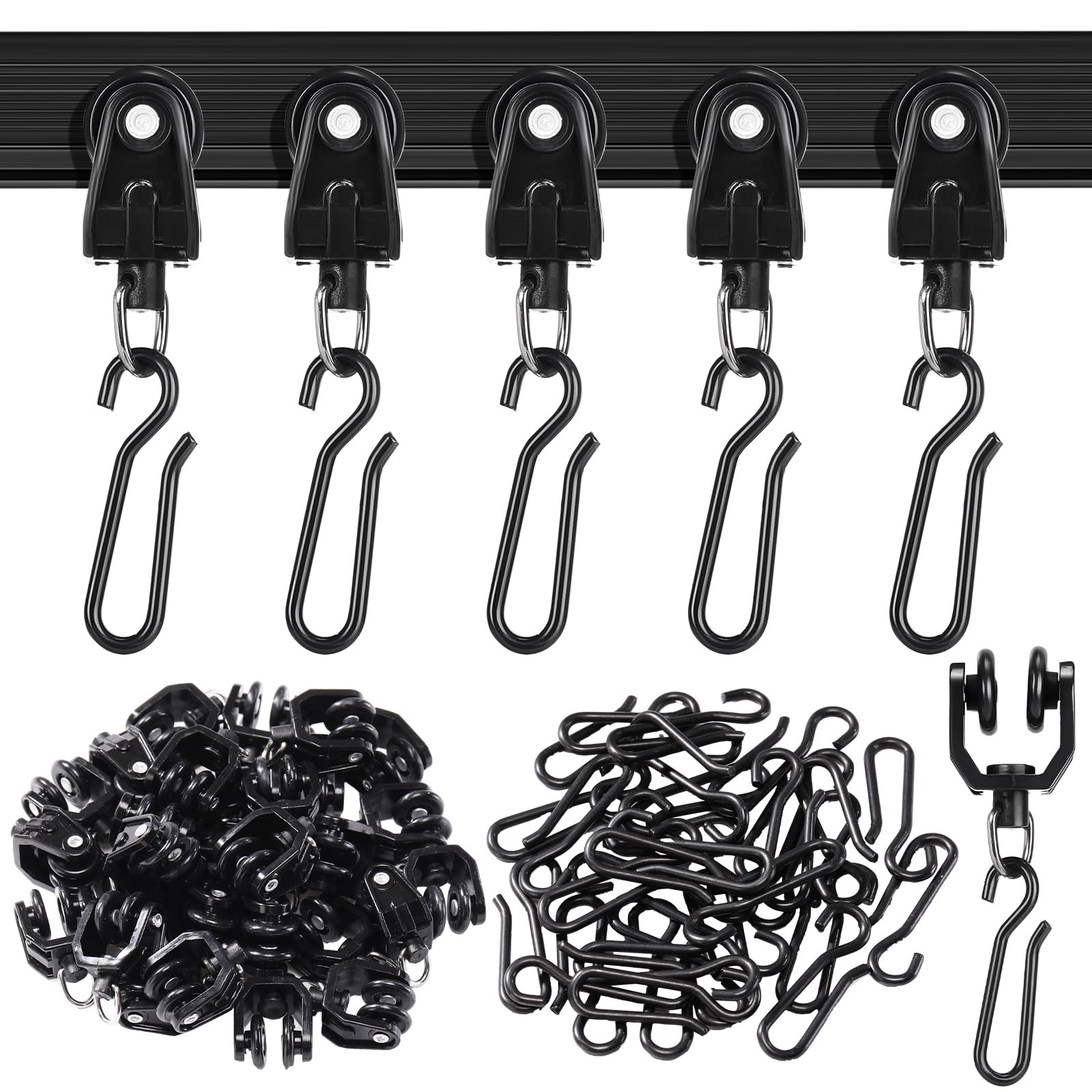 Crochets et patins pour rails de rideau de douche Jetec - Lot de 60 pièces blanc et noir