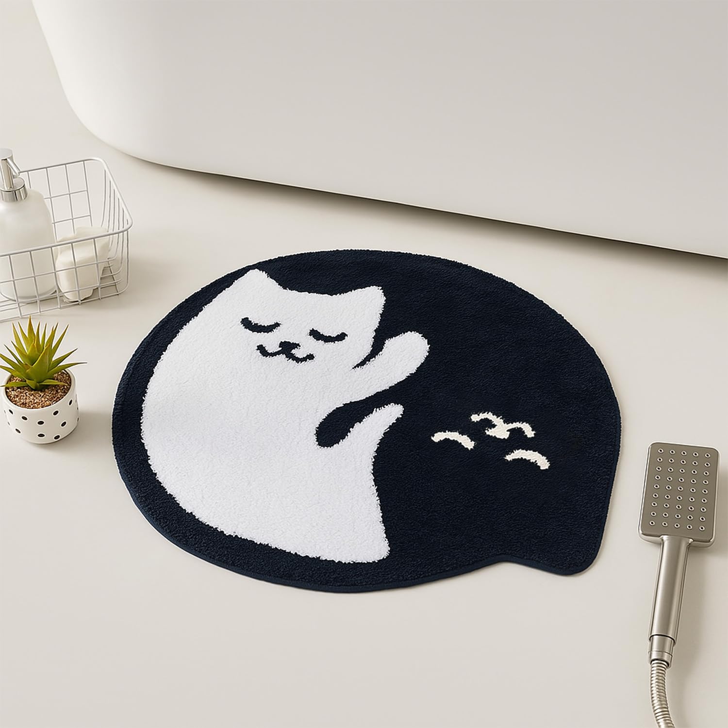 Feblilac Black White Cat Bathroom Rug, Yin Yang Round Bath Rug, Cute Lovely Animals Bathroom Mat, Washable Microfiber Non-Slip Mats for Indoor Living Room Fast Dry Rugs