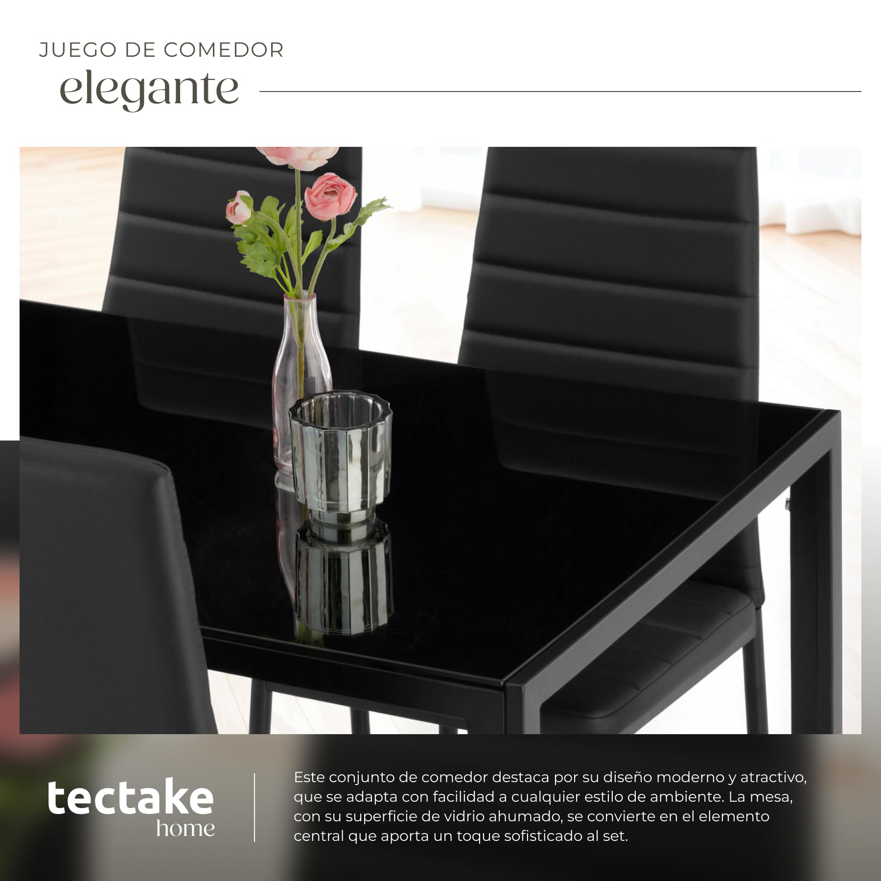 tectake® Dining Table and Chairs Set, Safety Glass Top and 4 Faux Leather Upholstered Kitchen Chairs, Steel Frame, Dining Chairs, Kitchen Furniture Set - Black — view 5