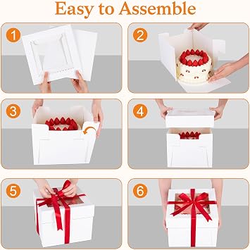 Sudaya 10x10x8 Cake Boxes with Boards, Cake Boxes 10 inch with Tall Cakes Boards Ribbon Stickers, 10in Disposable Carry Bakery Containers Cajas Para Pasteles for Pies Party Wedding Gift Giving