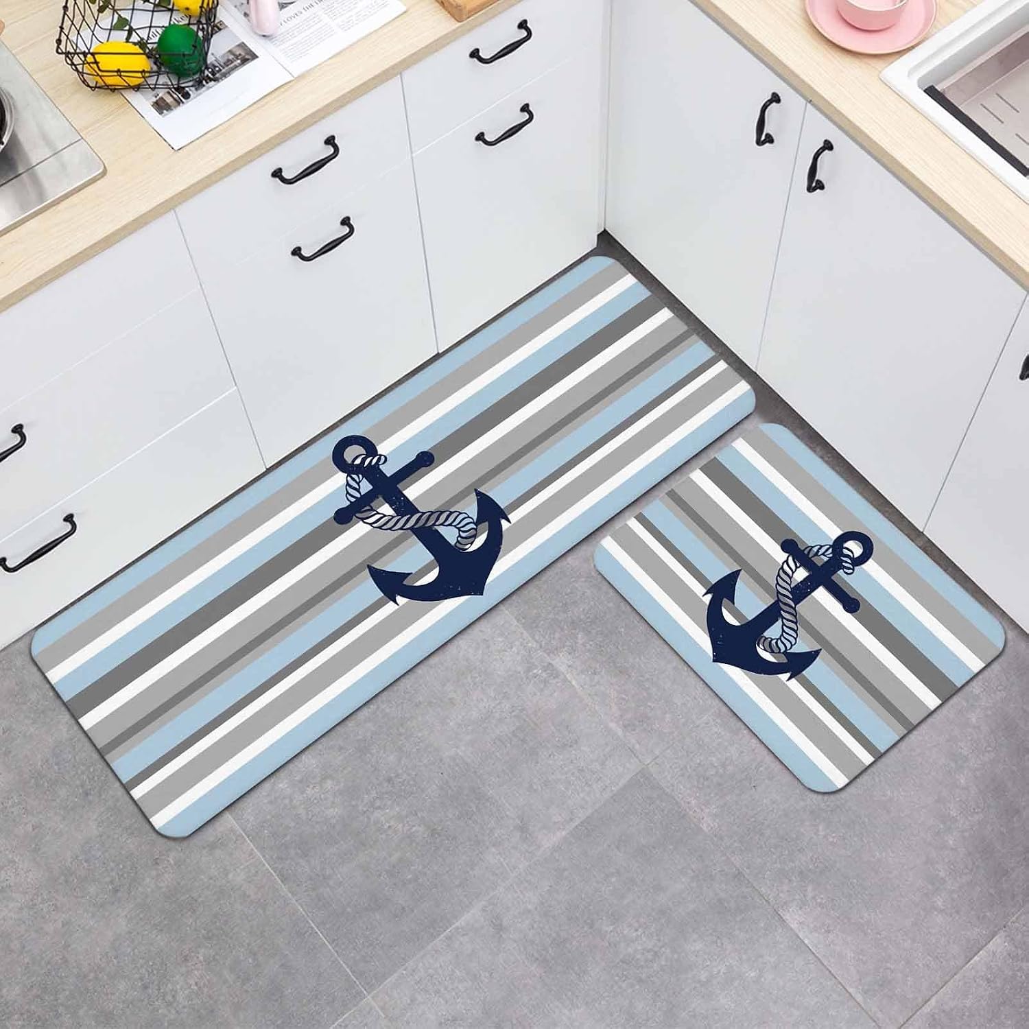 Nautical Anchor Kitchen Mats Set of 2 Blue Grey Stripe Modern Simplistic Striped Non Slip Mat Washable Floor Rug for Kitchen Sink Floor Laundry, 19.7"x31.5"+19.7"x63"