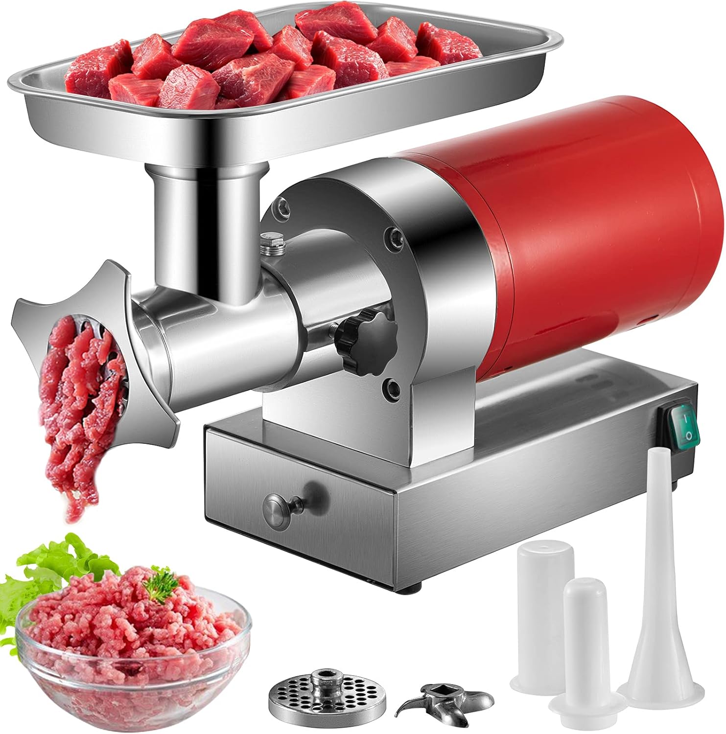 VEVOR, 661 Lbs/Hour800 W Machine, 1.5 HP Electric Mincer with 2 Grinding Plates, Sausage Kit Set Meat Grinder Heavy Duty, Home Kitchen & Commercial Use Red, 800 W
