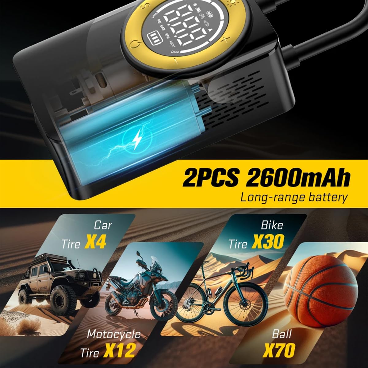 Przenośna sprężarka powietrza do opon samochodowych, z cyfrowym manometrem LED, bezprzewodowa pompa do pompowania opon samochodowych, uniwersalna do motocykli, rowerów