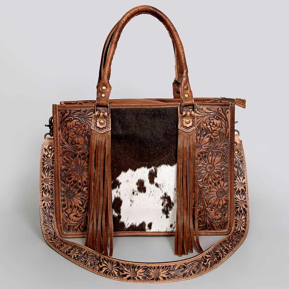 American Darling Tote Bag - Western Leather Hand Tooled Floral Carved Purse with Hair-On Cowhide, Fringes & YKK Zipper
