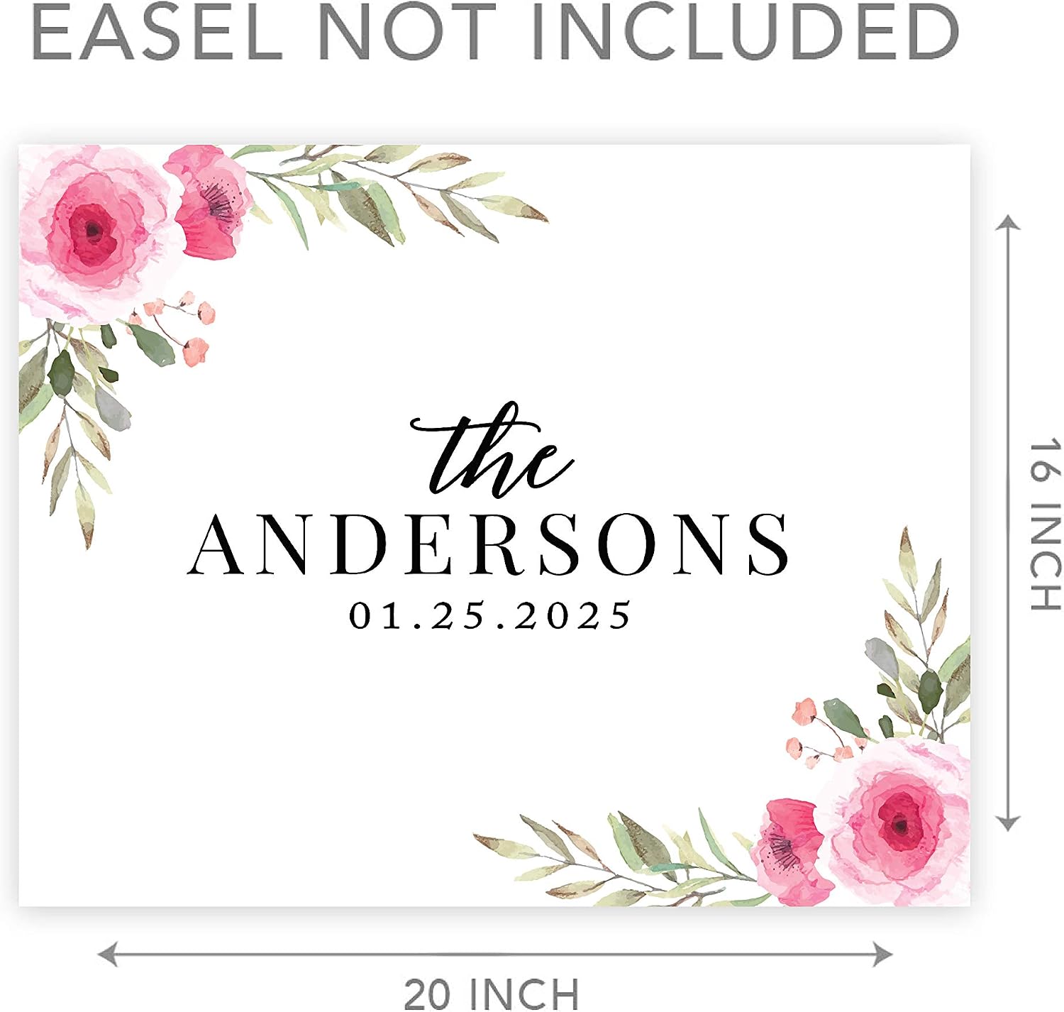 Andaz Press Custom Large Canvas Wedding Guest Book Alternative, 16 x 20 Inches, Pink Watercolor Florals, Horizontal, Personalized Welcome Sign for Floral Guest Book Signs for Wedding