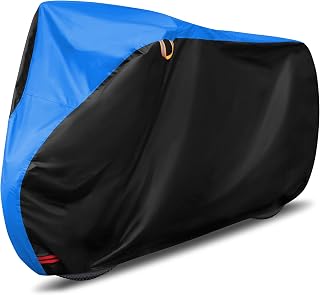 Funda para bicicleta de alta calidad, resistente al agua 150D, lona de lluvia para exteriores, con ojales, protección solar, resistencia al desgarro, con bolsa (negro y azul, 195 x 70 x 110 cm