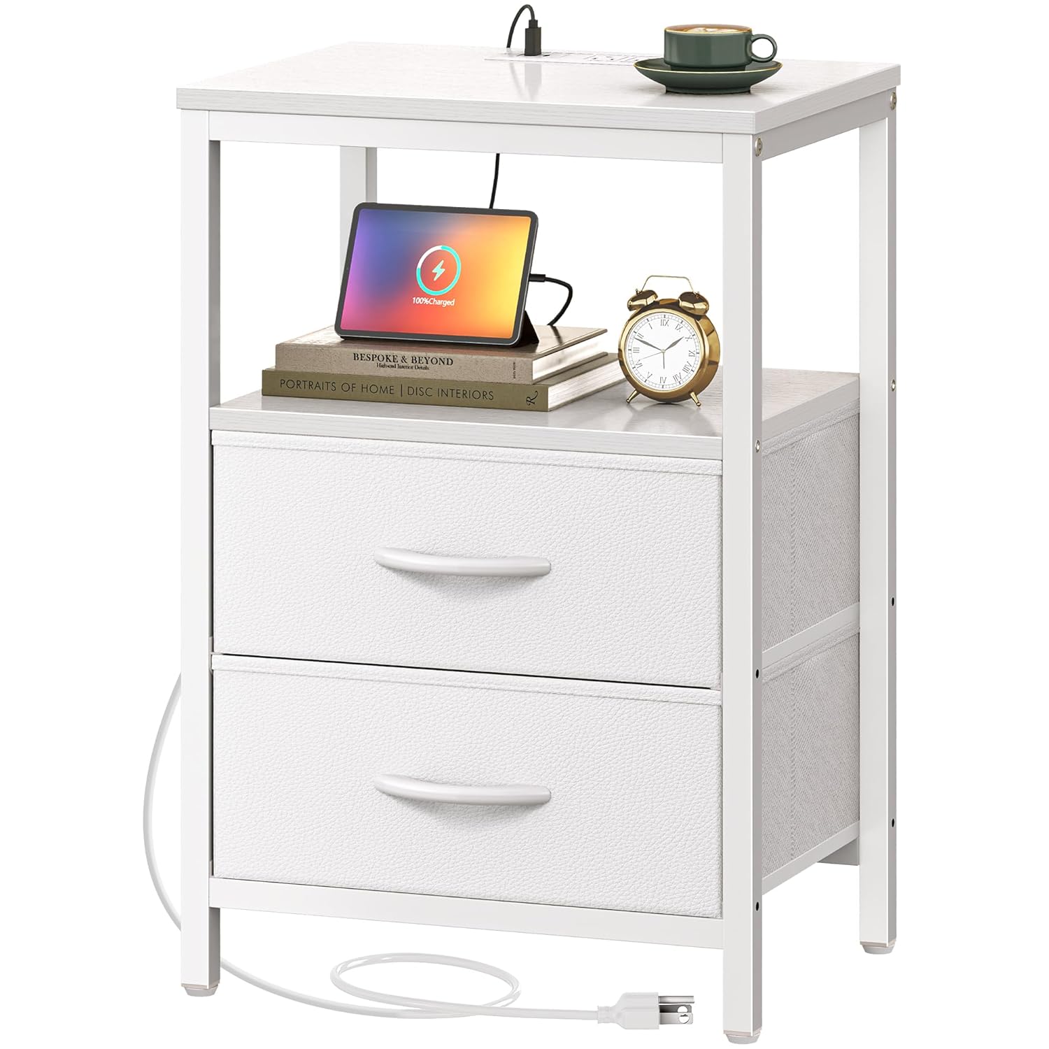 Huuger Nightstand with Charging Station Side Table with 2 Fabric Drawers End Table with Open Shelf Bedside Table